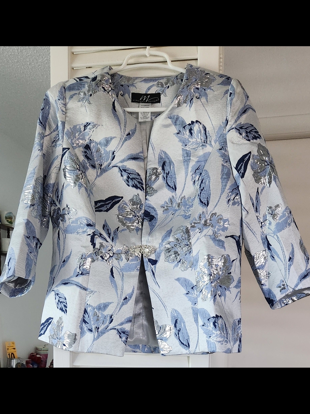 3 Piece Elegant Blue Floral Evening Jacket, Top & Skirt - Metallic Accents